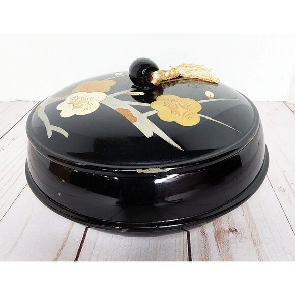 VTG Japanese Lacquerware Trinket Box w/ Lid Round BOWL FLORAL w/ Tassel - Picture 1 of 11